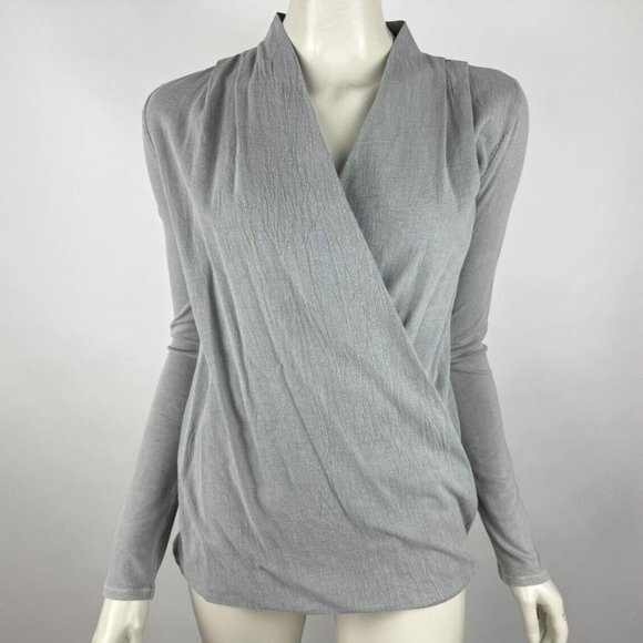 James Perse Wrap Top Women 1 S EUC V-neck Long Sleeve Stretch Cotton Blouse Gray - Picture 1 of 9